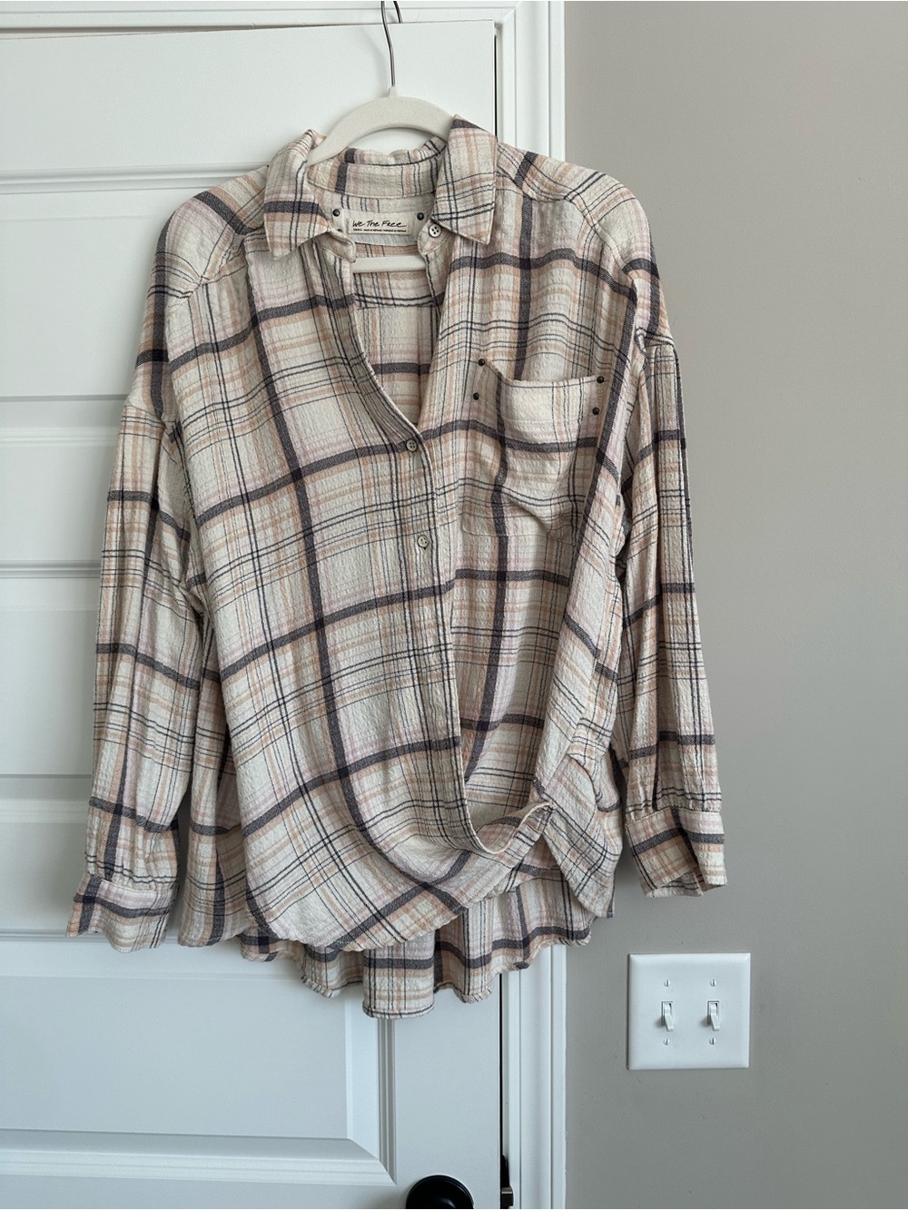 We The Free Cream and Brown Plaid Button-Up Shirt